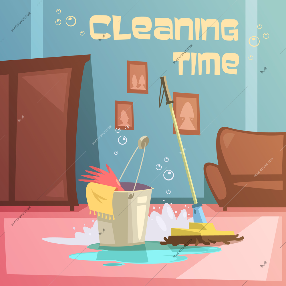 Cleaning service cartoon background with equipment water and supplies vector illustration