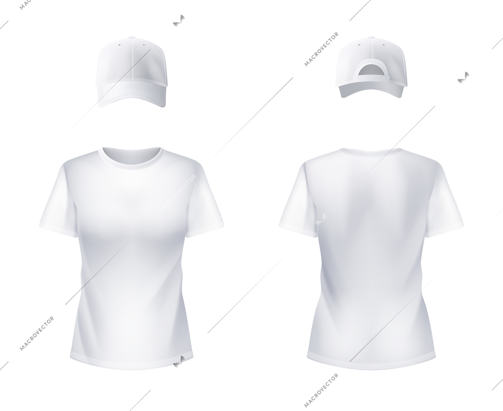 White t-shirt and baseball cap front and back views set realistic design for women illustration vector