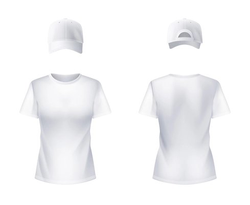 White t-shirt and baseball cap front and back views set realistic design for women illustration vector