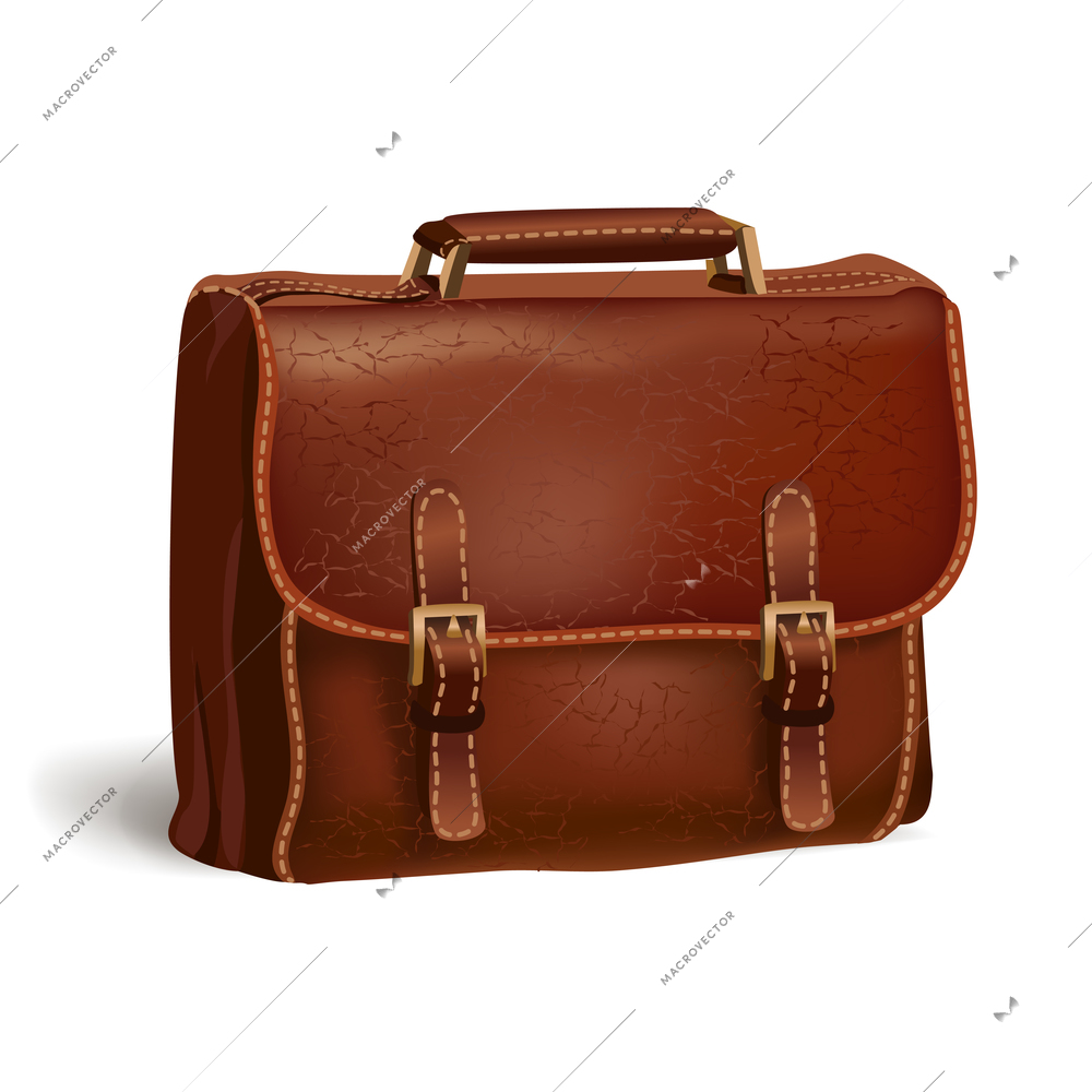 Classic modern brown leather textured business briefcase isolated vector illustration