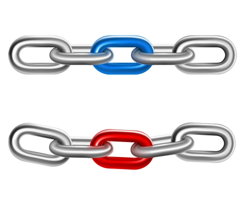 Two realistic pieces of steel chain with red and blue links in the middle isolated vector illustration