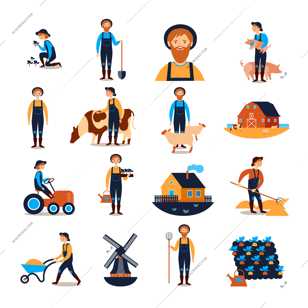 Farmers live and work with farmhouse livestock animals and harvesting flat icons collection abstract isolated vector illustration