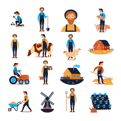 Farmers live and work with farmhouse livestock animals and harvesting flat icons collection abstract isolated vector illustration