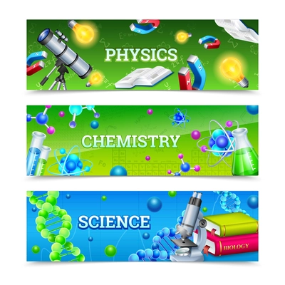 Science horizontal banners set with icons collection for chemical biological and physical laboratory experiment vector illustration