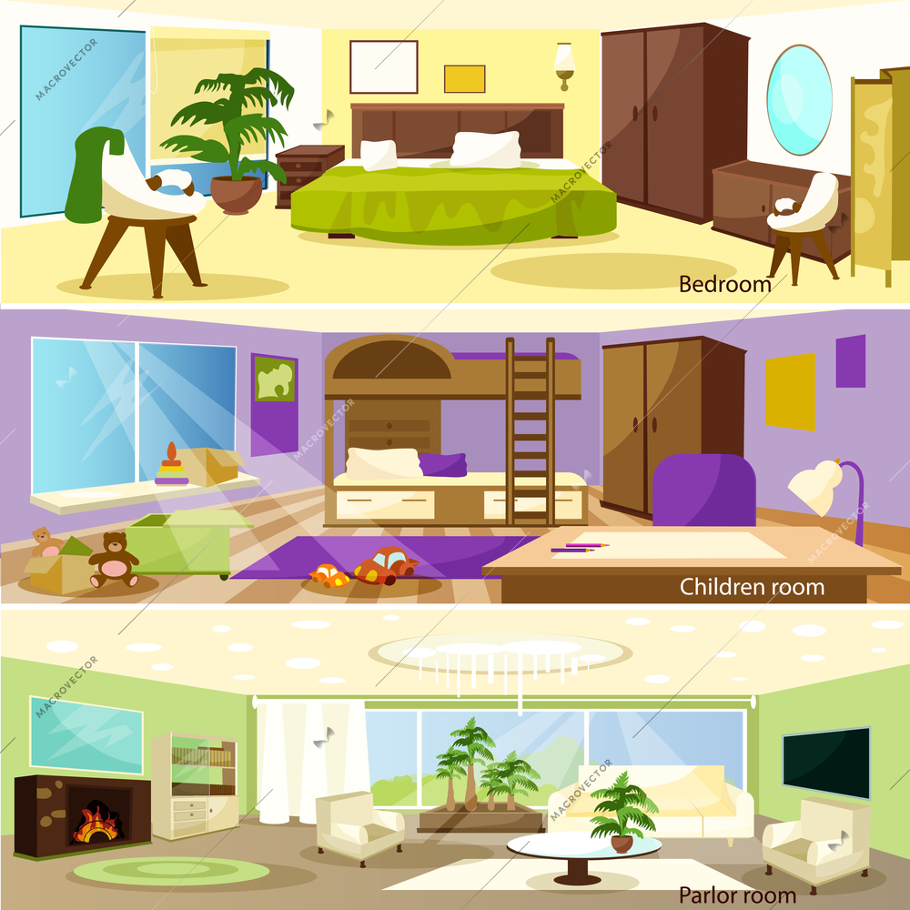 Horizontal colorful cartoon bedroom children and parlor room banners vector illustration