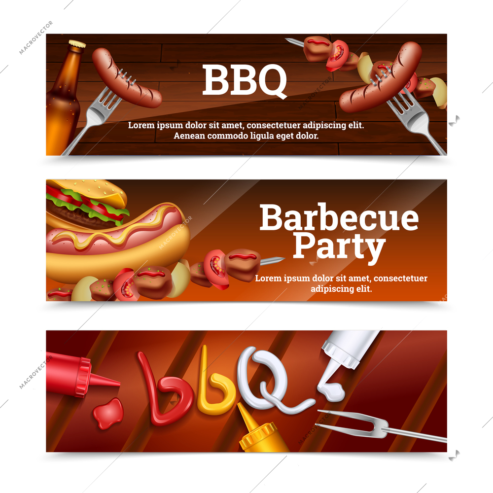 Barbecue party horizontal banners with hot dog skewer hamburger and sauce set vector illustration