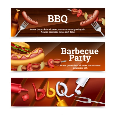 Barbecue party horizontal banners with hot dog skewer hamburger and sauce set vector illustration