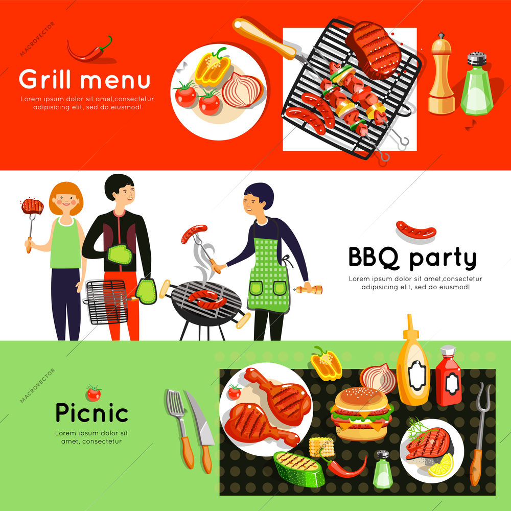 Grilled meat and vegetables menu at picnic barbecue party 3 flat horizontal banners set abstract isolated vector illustration