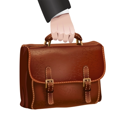 Businessman hand holds classic brown leather textured briefcase isolated vector illustration
