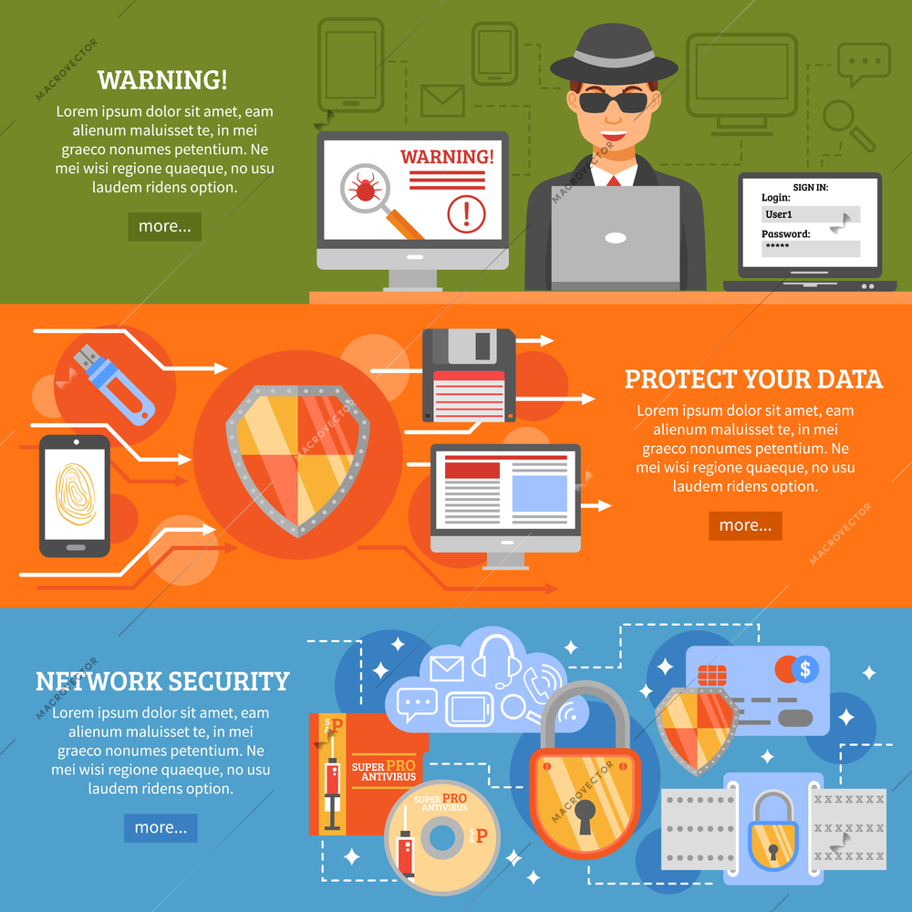 Network security banners set with elements of data protection secure data exchange antivirus software  vector illustration