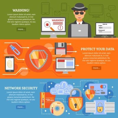 Network security banners set with elements of data protection secure data exchange antivirus software  vector illustration