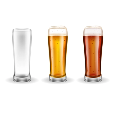 Three transparent realistic glasses of lager with light golden color on white background vector illustration