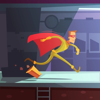 Superhero running in the street with houses and basket cartoon vector illustration