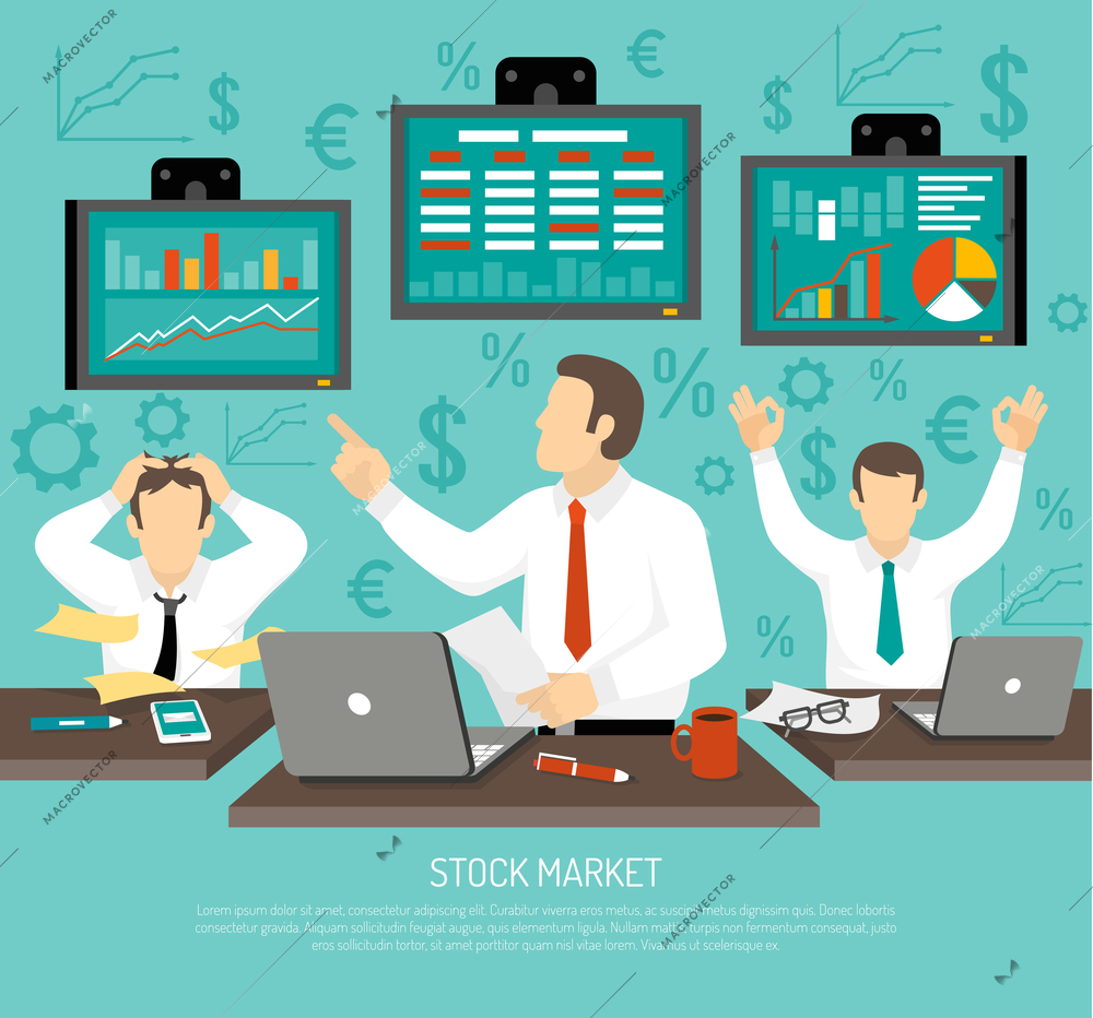 Stock Market Trader Concept. Stock Market Trader Information. Stock Market Vector Illustration. Finance Flat Symbols. Stock Finance Design.