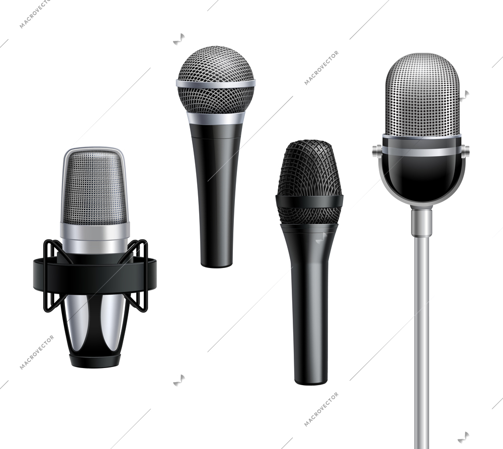 Microphone collection in grey and black colors with metal mesh on white background in realistic style isolated vector illustration