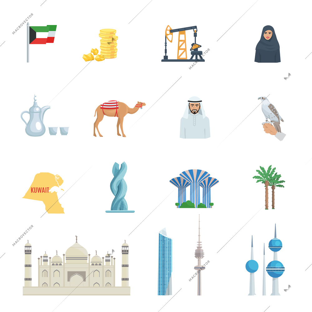 Kuwait culture flat icon set with traditional symbols costumes buildings and animals vector illustration