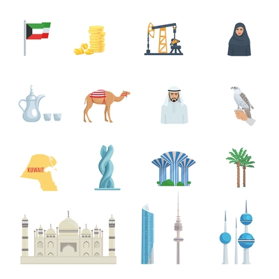 Kuwait culture flat icon set with traditional symbols costumes buildings and animals vector illustration