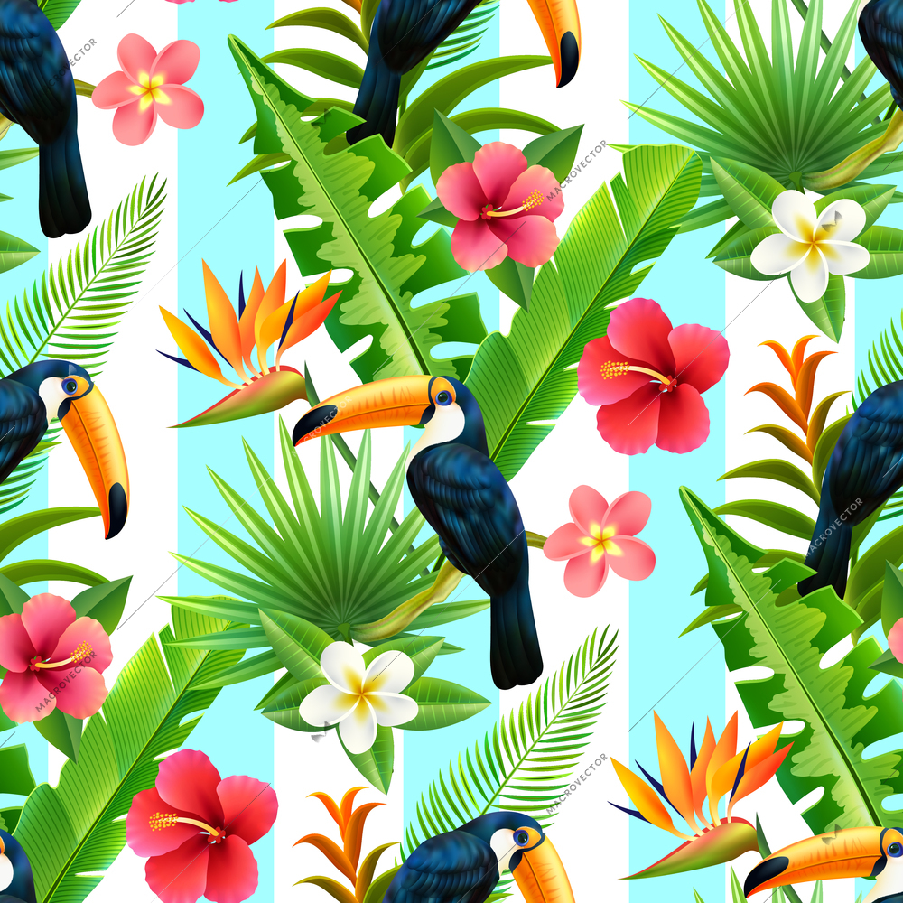 Tropical rainforest plants with toucan bird of paradise and hibiscus flowers seamless decorative design abstract vector illustration