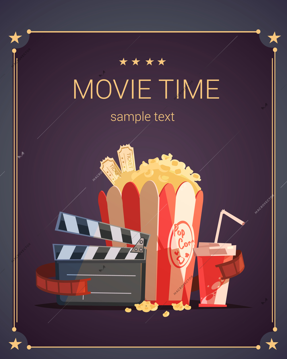 Movie time cartoon poster with popcorn cola and tickets vector illustration