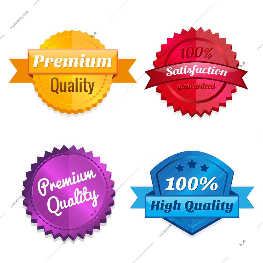 Set of premium quality and guaranteed satisfaction product offer emblems isolated vector illustration