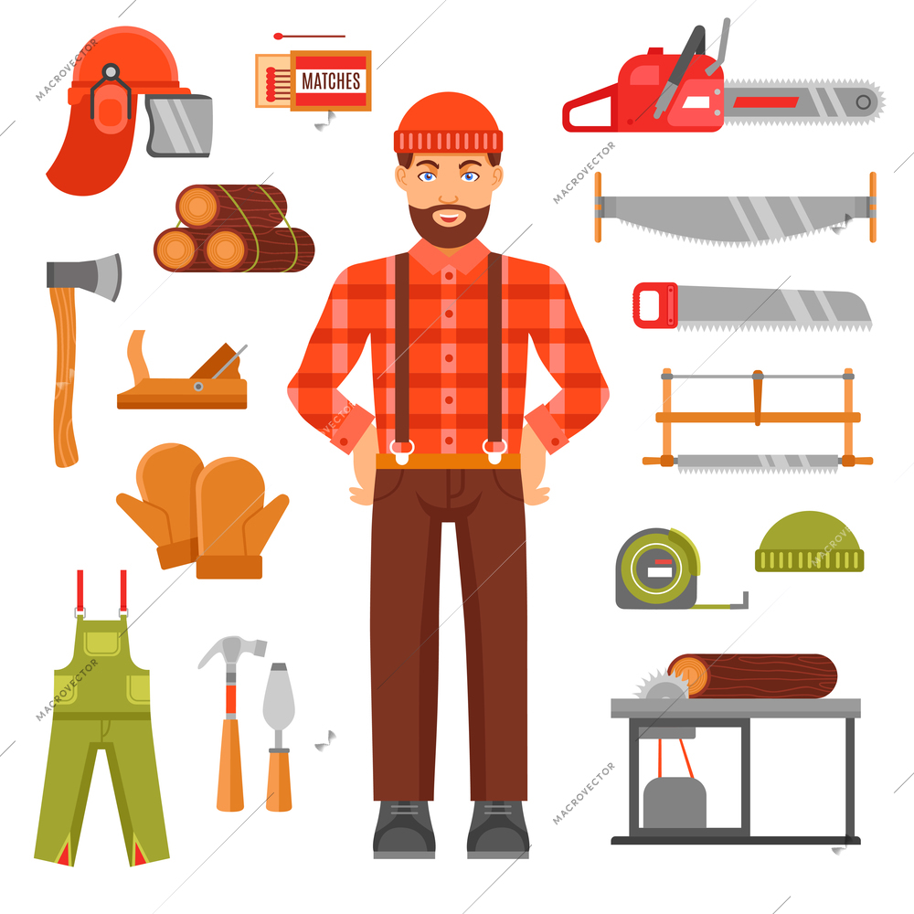 Lumberjack decorative flat icons set with avatar of woodcutter timber saws matches casque overall isolated vector illustration