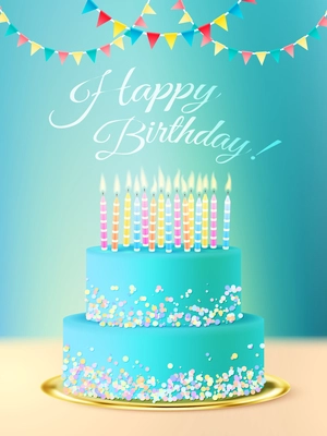 Happy birthday postcard with layered round  cake with blue icing candles and festive background realistic vector illustration