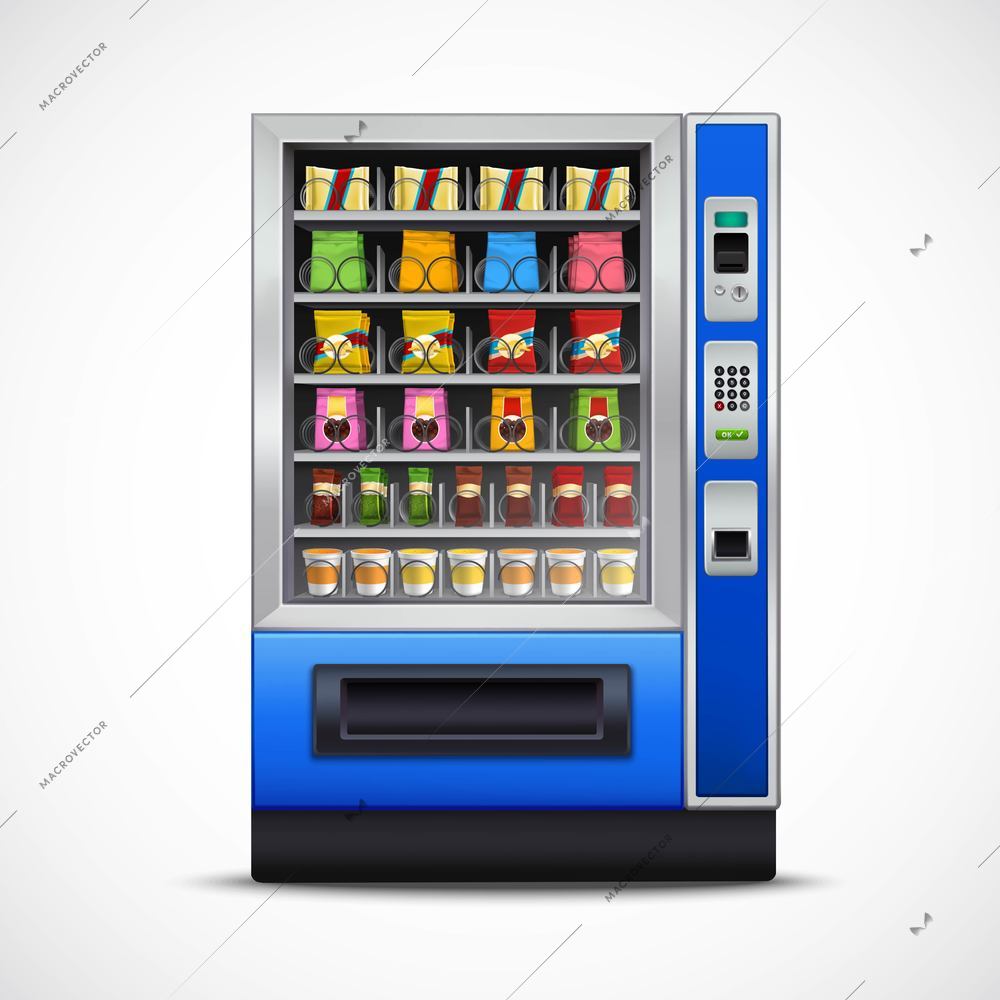 Realistic snacks vending machine with nuts chips sandwiches chocolates and beverages on white background isolated vector illustration