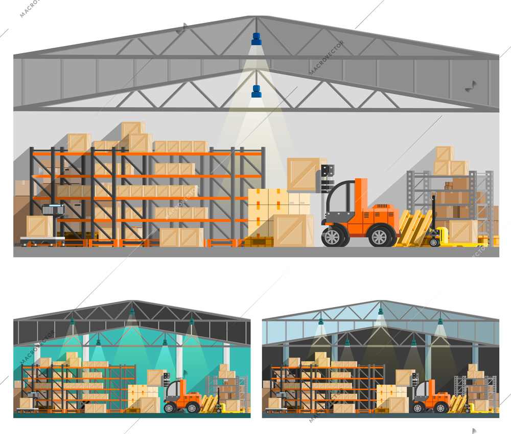 Warehouse and storage orthogonal compositions set with roof and lamps flat isolated vector illustration