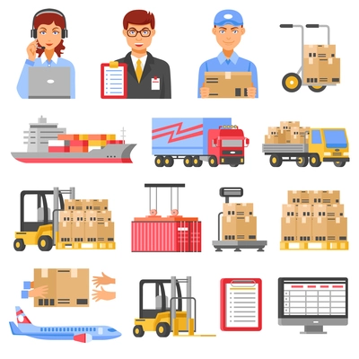 Logistics and delivery decorative icons set of different kinds of transport with airplane truck ship forklift and cargo boxes isolated vector illustration