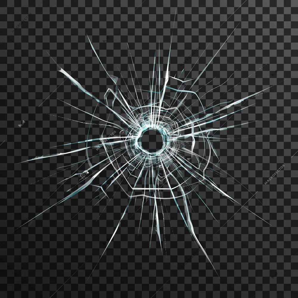 Bullet hole in transparent glass on abstract background with grey and black ornament vector illustration in realistic style.