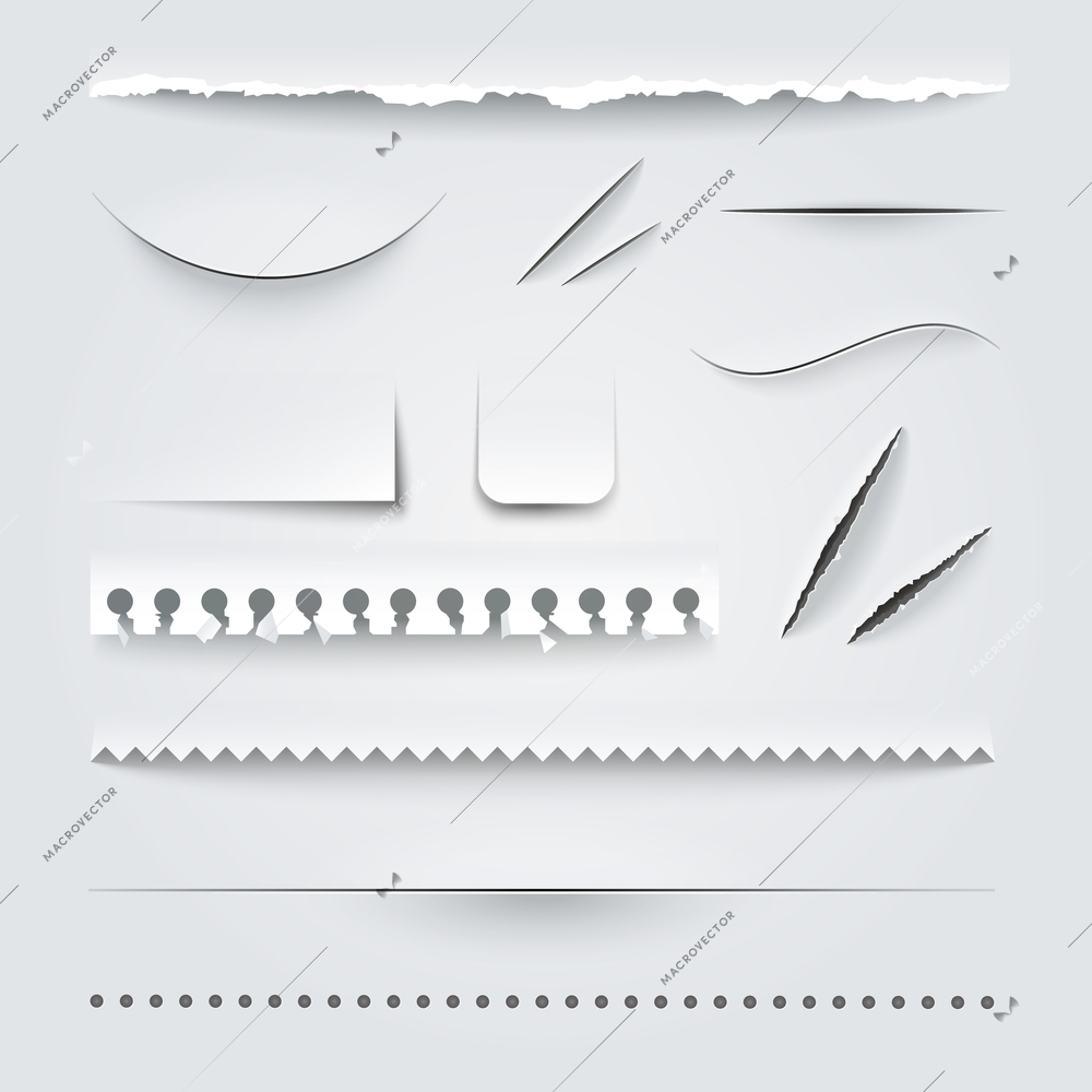 White paper perforated ripped torn jagged cut edges texture samples set realistic shadows vector illustration