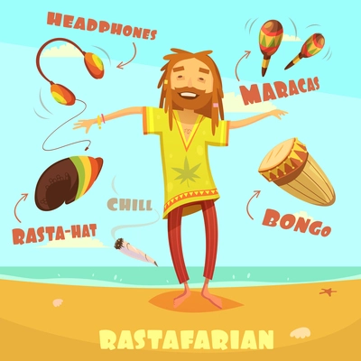 Rastafarian cartoon character set with maracas headphones and bongo vector illustration