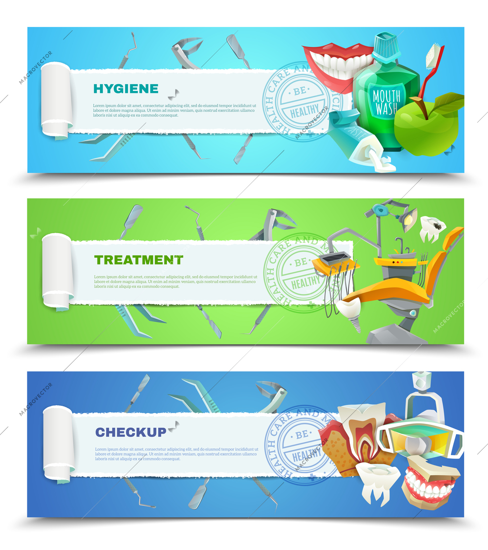 Dentist oral hygiene regular checkup and teeth decay preventing treatment 3 flat banner set abstract vector illustration