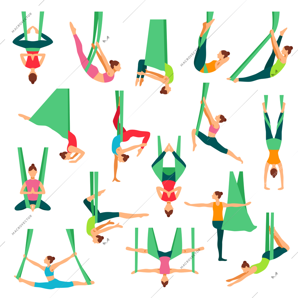 Aero yoga isolated decorative icons set with young girls doing anti gravity yoga exercises in special hammocks flat vector illustration