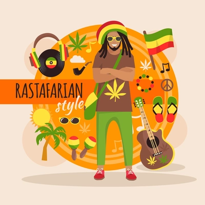 Male rastafarian character pack with stylish accessory and objects vector illustration