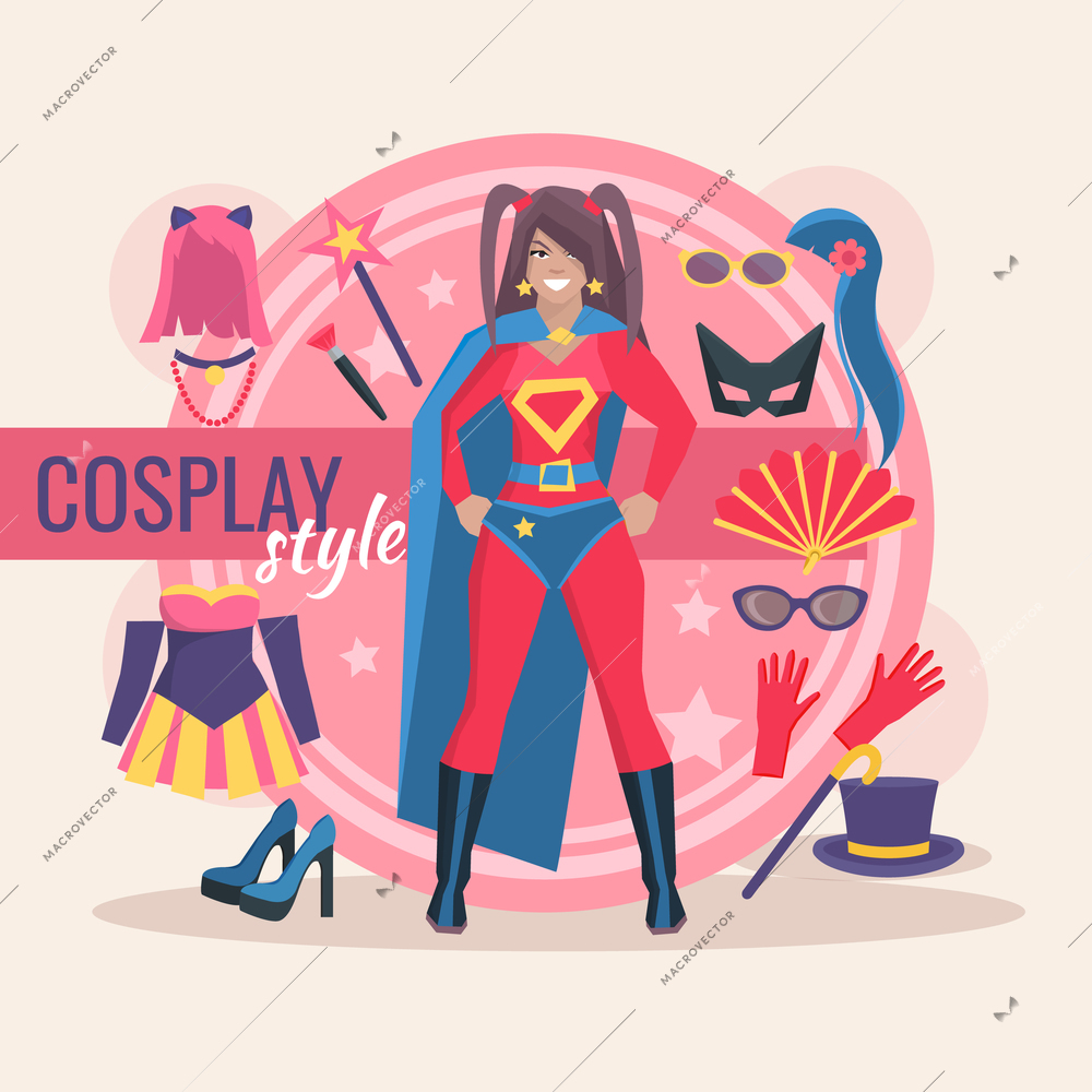 Superhero cosplay character pack for girl with clothing and magic accessory vector illustration