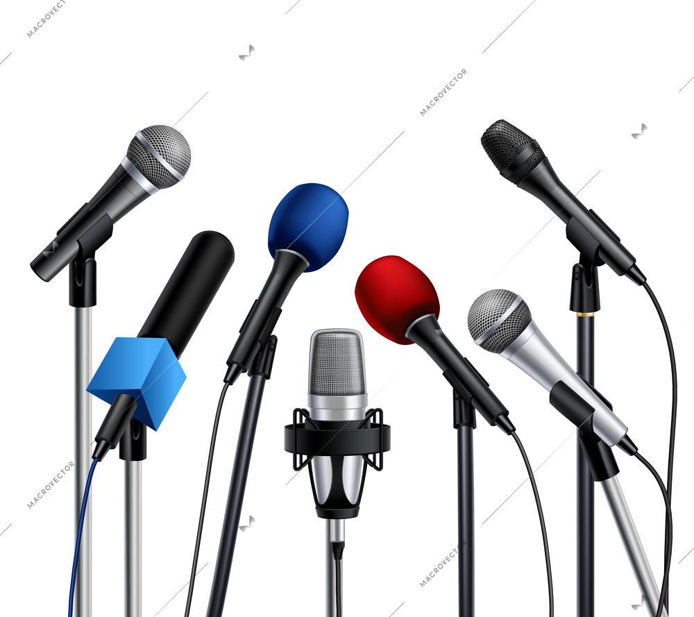 Different muiltcolored press conference microphones prepared for speaker set on white background realistic vector illustration