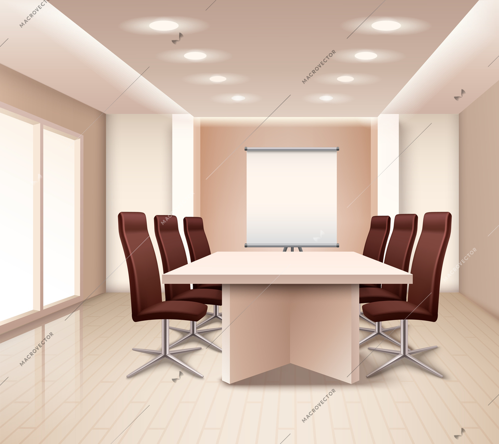 Realistic meeting room interior in pale rose color with table brown office armchairs and board vector illustration