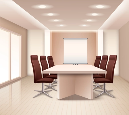 Realistic meeting room interior in pale rose color with table brown office armchairs and board vector illustration