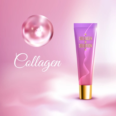 Collagen solution intensive cream tube pink background advertisement poster for pharmaceutical and cosmetics products realistic vector illustration