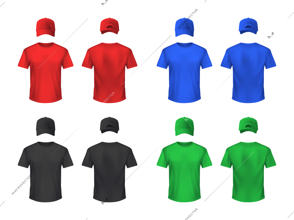 Basebal cap and t-shirt front and back sets in blue green black red realistic isolated vector illustration