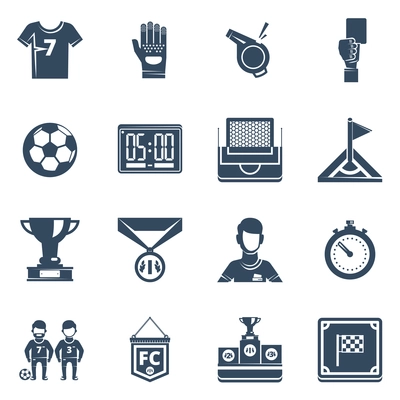 Soccer  isolated black silhouette  icon set with uniform equipment field and players in flat style vector illustration
