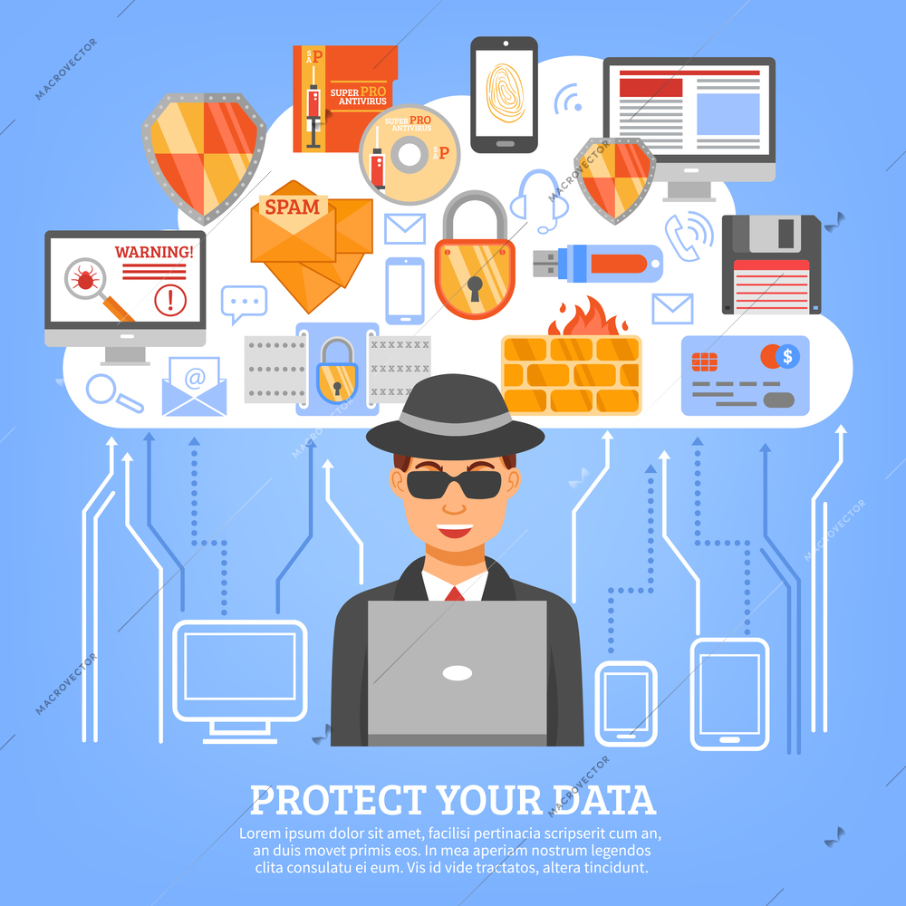 Network security concept with hacker figure at computer and set of decorative icons with floppy disk flash drive firewall and spam symbols flat vector illustration