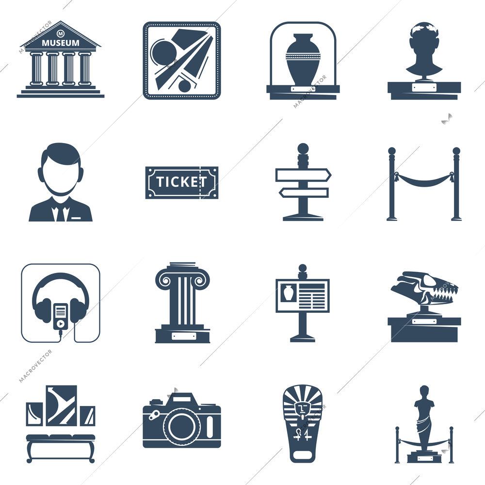 Museum flat icon set with black silhouette  symbols of museum interior exhibit and special signs vector illustration