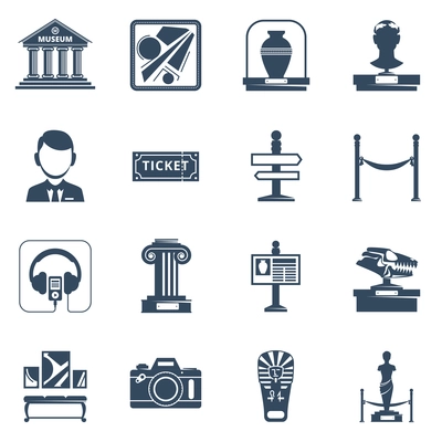 Museum flat icon set with black silhouette  symbols of museum interior exhibit and special signs vector illustration