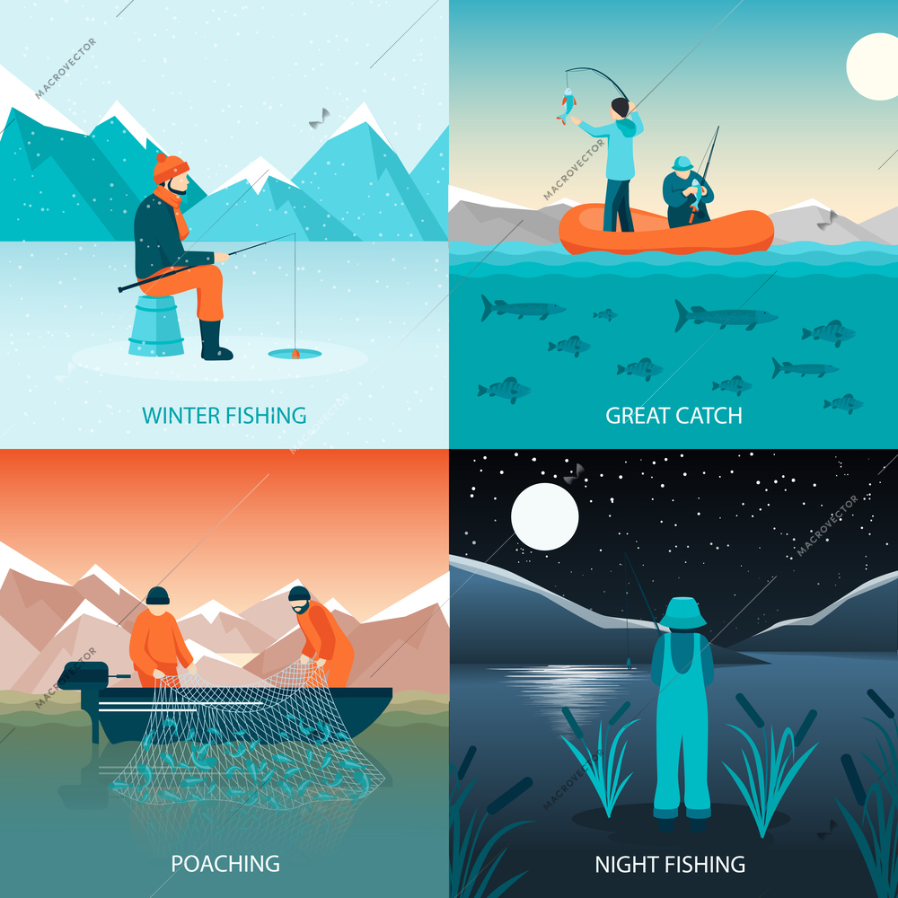 Fishing 2x2 design concept flat square icons set with winter fishing great catch poaching and night fishing isolated vector illustration