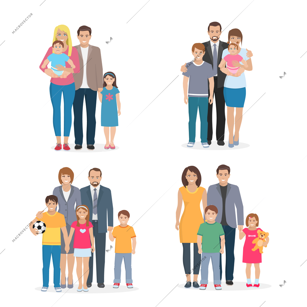 Flat composition 2x2 depicting big happy family with white background vector illustration