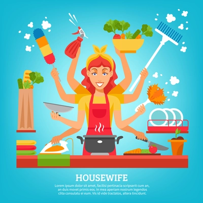 Multitasking housewife with women in apron with eight hands holding different items for home work flat vector illustration