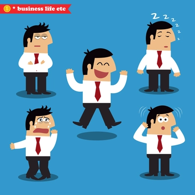 Manager emotions in poses, standing set vector illustration