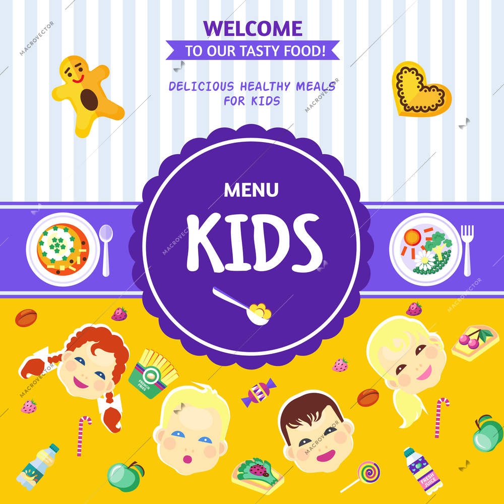 Best choice baby food menu poster with healthy and delicious meals for kids flat abstract  vector illustration